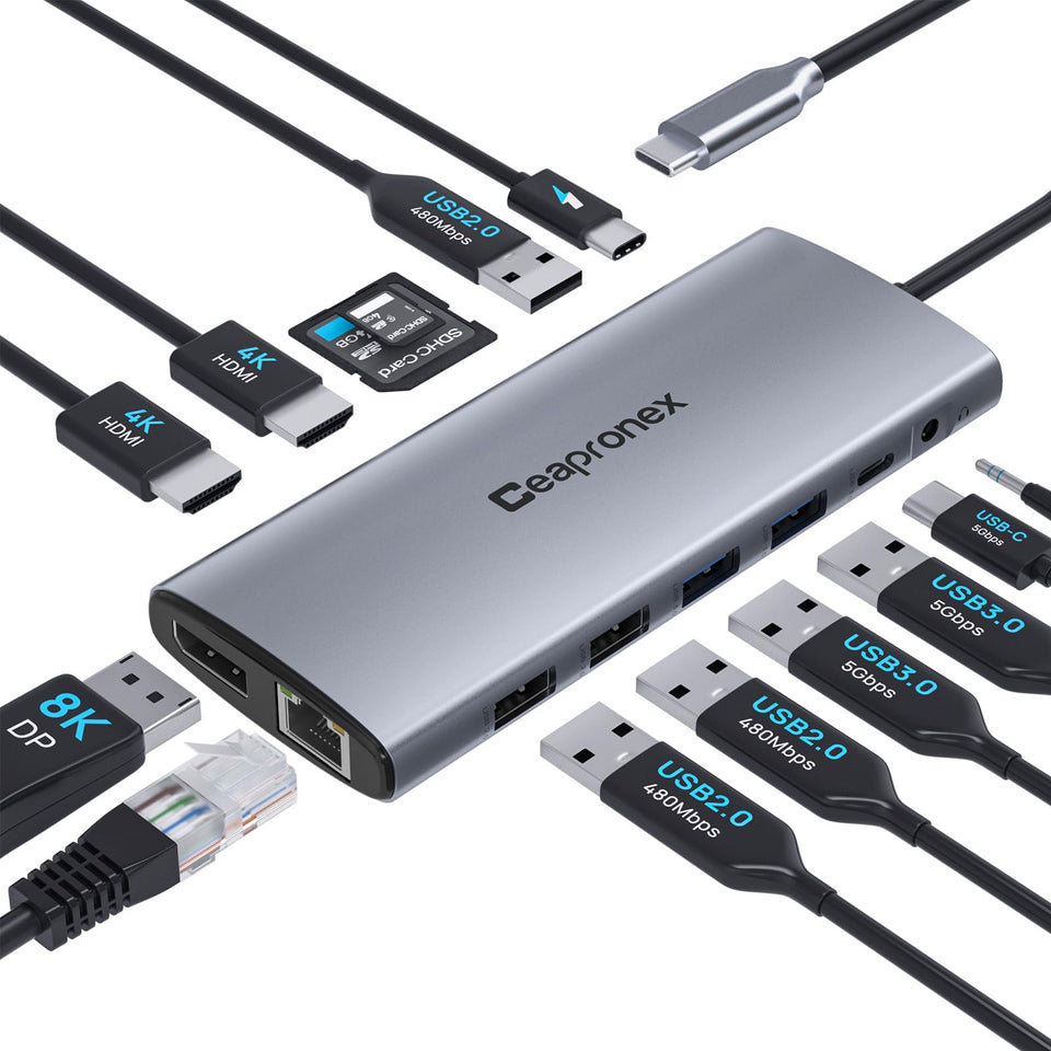 Ceapronex USB C Docking Station connected to laptop with dual HDMI monitors for enhanced multitasking.