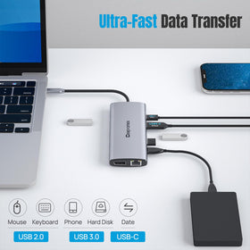 Ceapronex USB C Docking Station highlights the 100W PD charging and 3.5mm audio/mic jack.