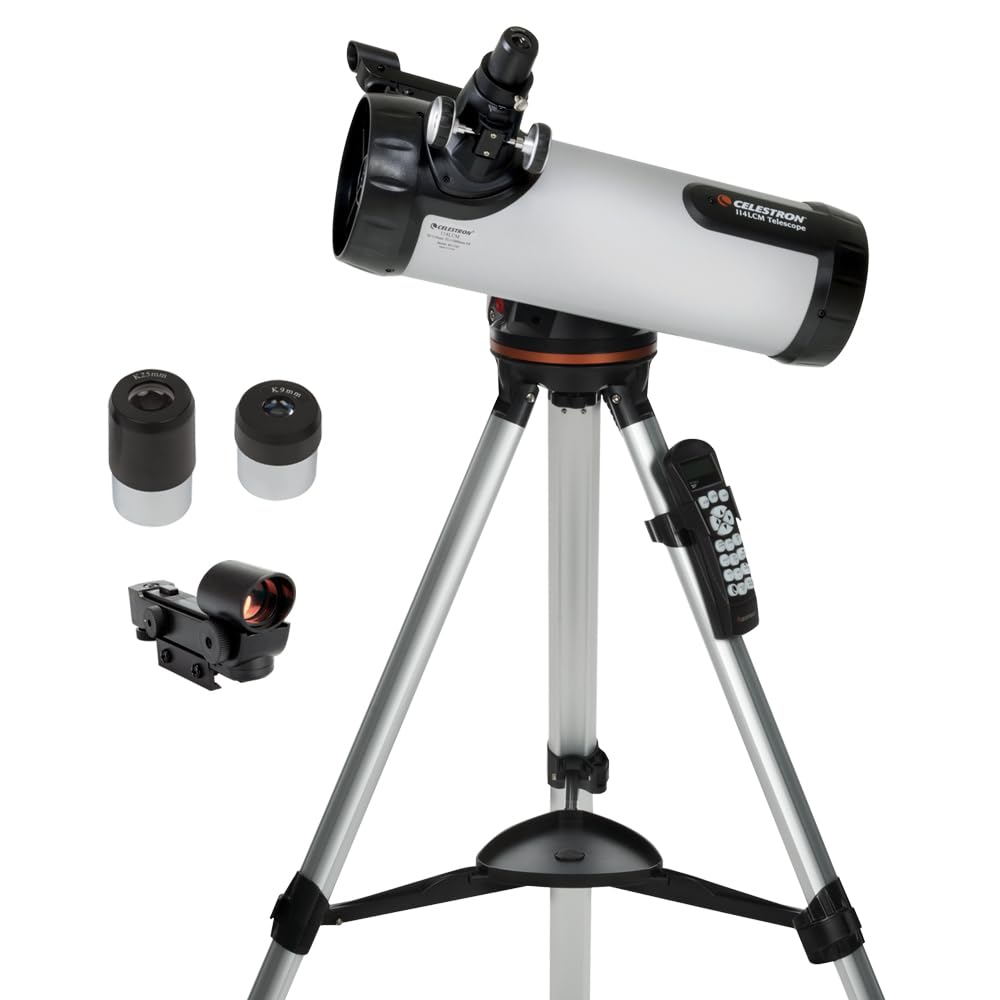 Celestron 114LCM on full-height tripod for steady backyard viewing