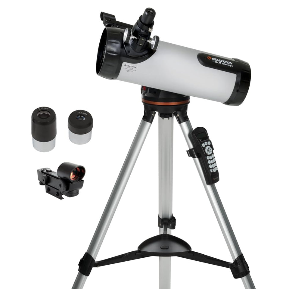 Celestron 114LCM on full-height tripod for steady backyard viewing