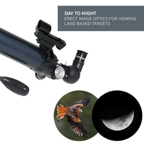 Celestron AstroMaster 70AZ erect-image diagonal aids daytime terrestrial viewing.