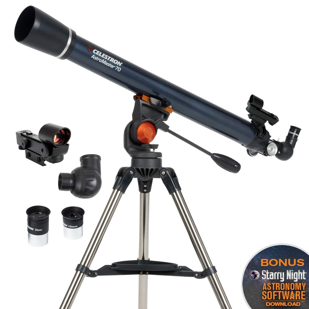 Celestron AstroMaster 70AZ alt-az mount with panhandle enables smooth tracking.
