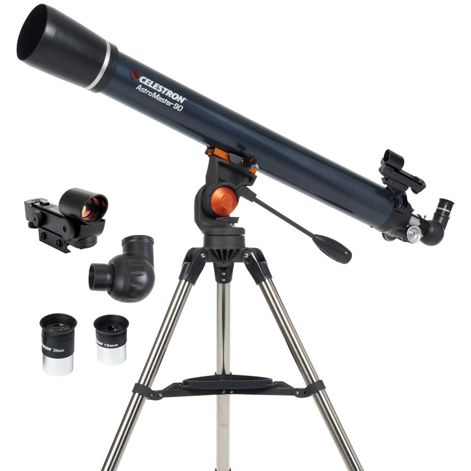 Celestron AstroMaster 90AZ front view for easy backyard stargazing
