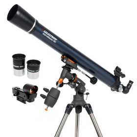 Celestron AstroMaster 90EQ mounted on adjustable tripod for stable backyard viewing.