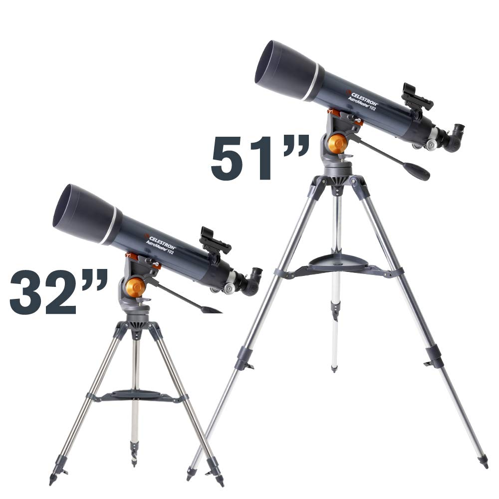 Celestron AstroMaster 102AZ adjustable tripod for comfortable viewing height.