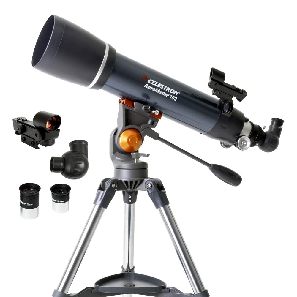 Celestron AstroMaster 102AZ front view telescope for easy backyard viewing.