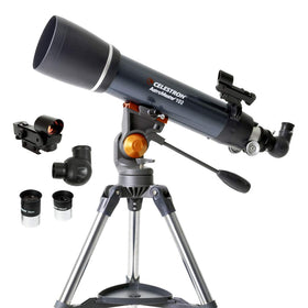 Celestron AstroMaster 102AZ front view telescope for easy backyard viewing.