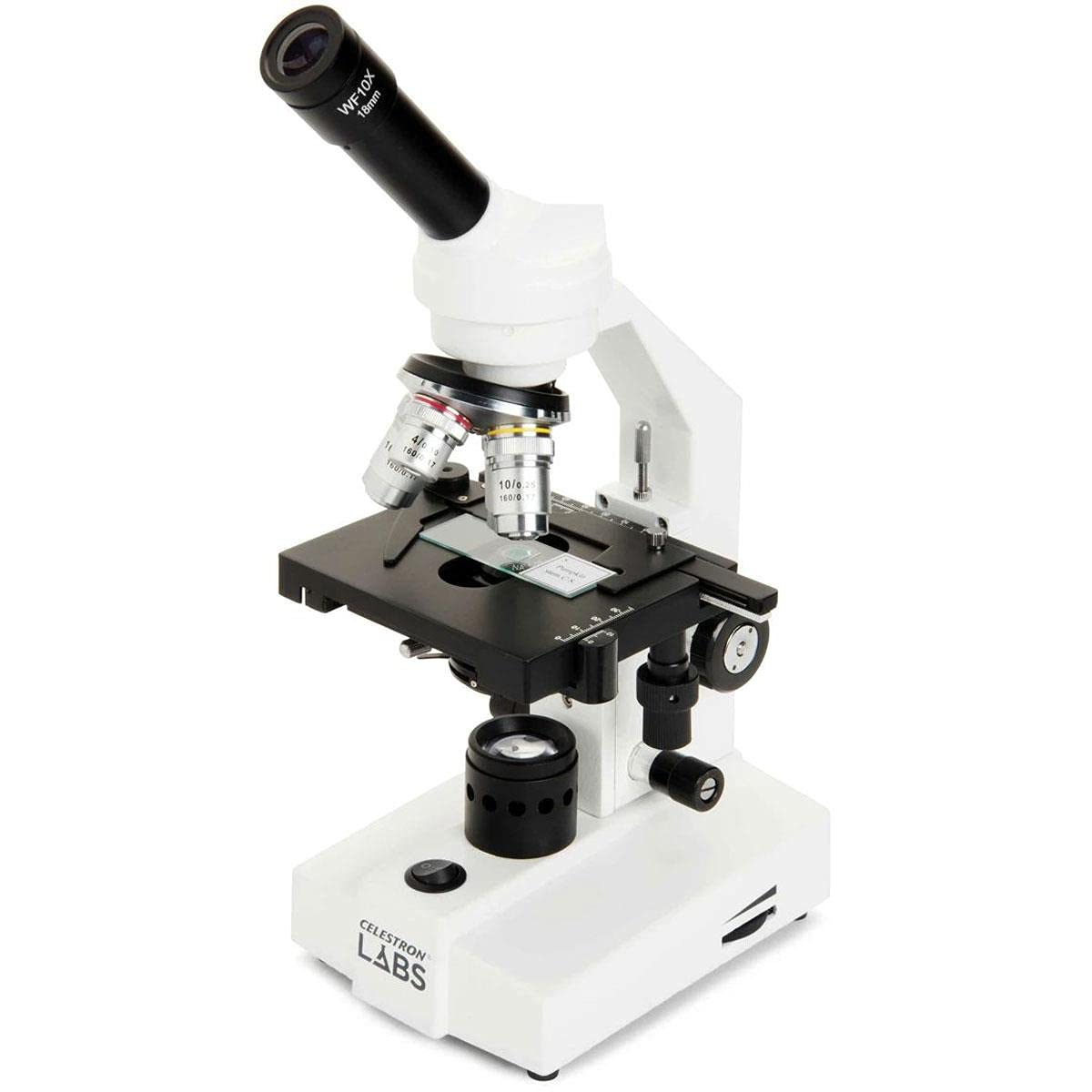 Celestron CM2000CF microscope front view shows sturdy all metal construction for classroom use