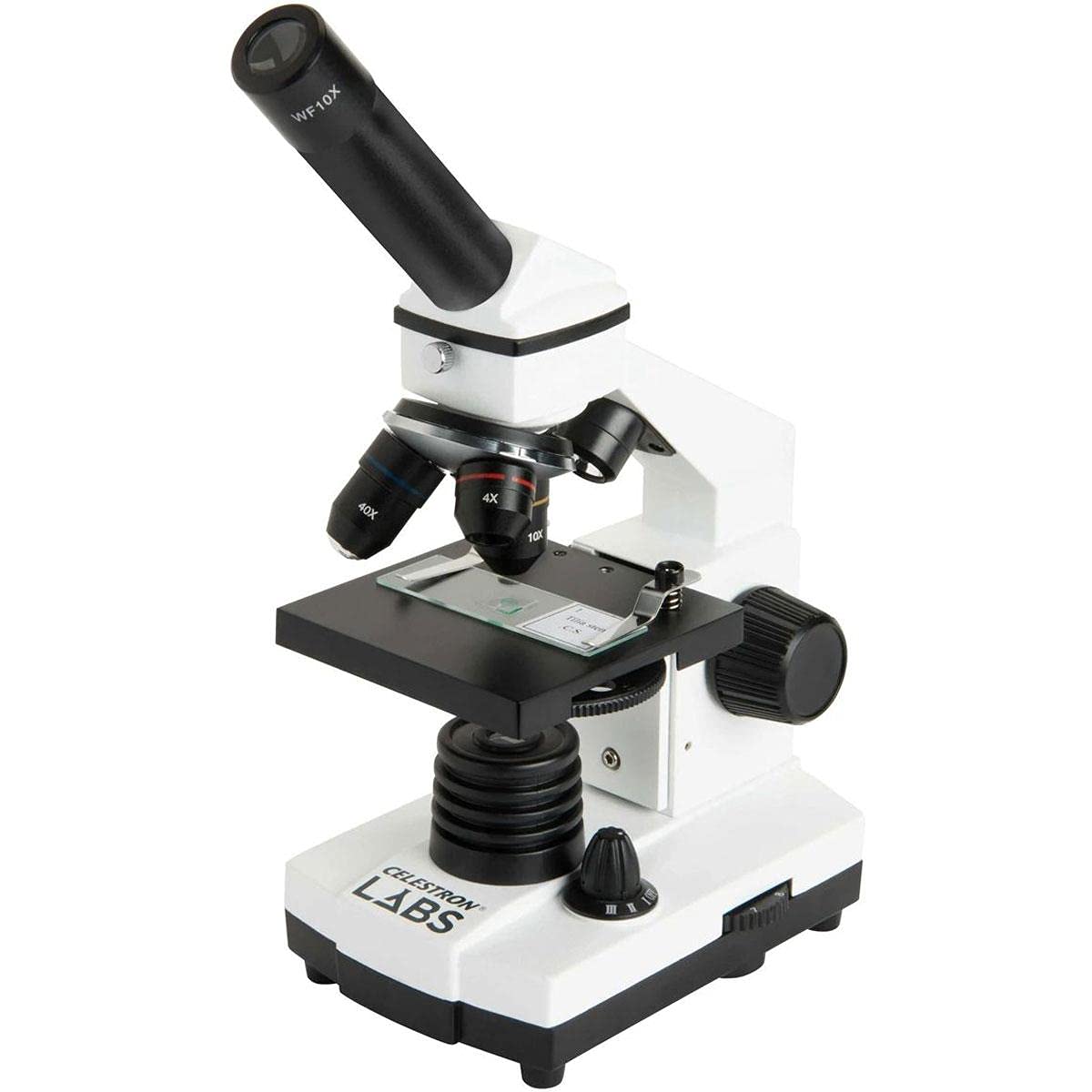 Celestron CM800 microscope body with sturdy metal frame for durable classroom use.