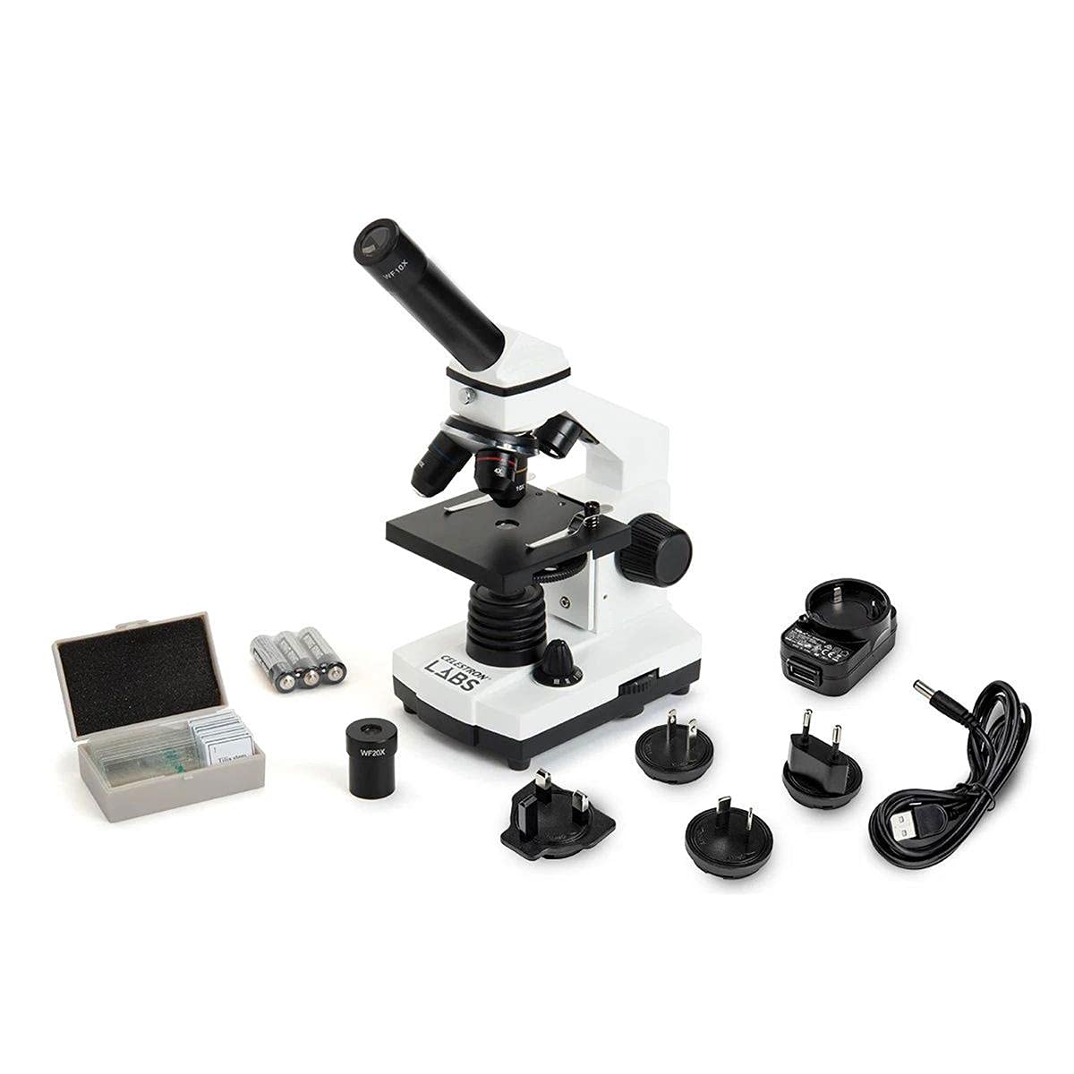 Celestron CM800 objective lenses 4x, 10x, 40x for versatile slide magnification.