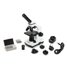 Celestron CM800 objective lenses 4x, 10x, 40x for versatile slide magnification.
