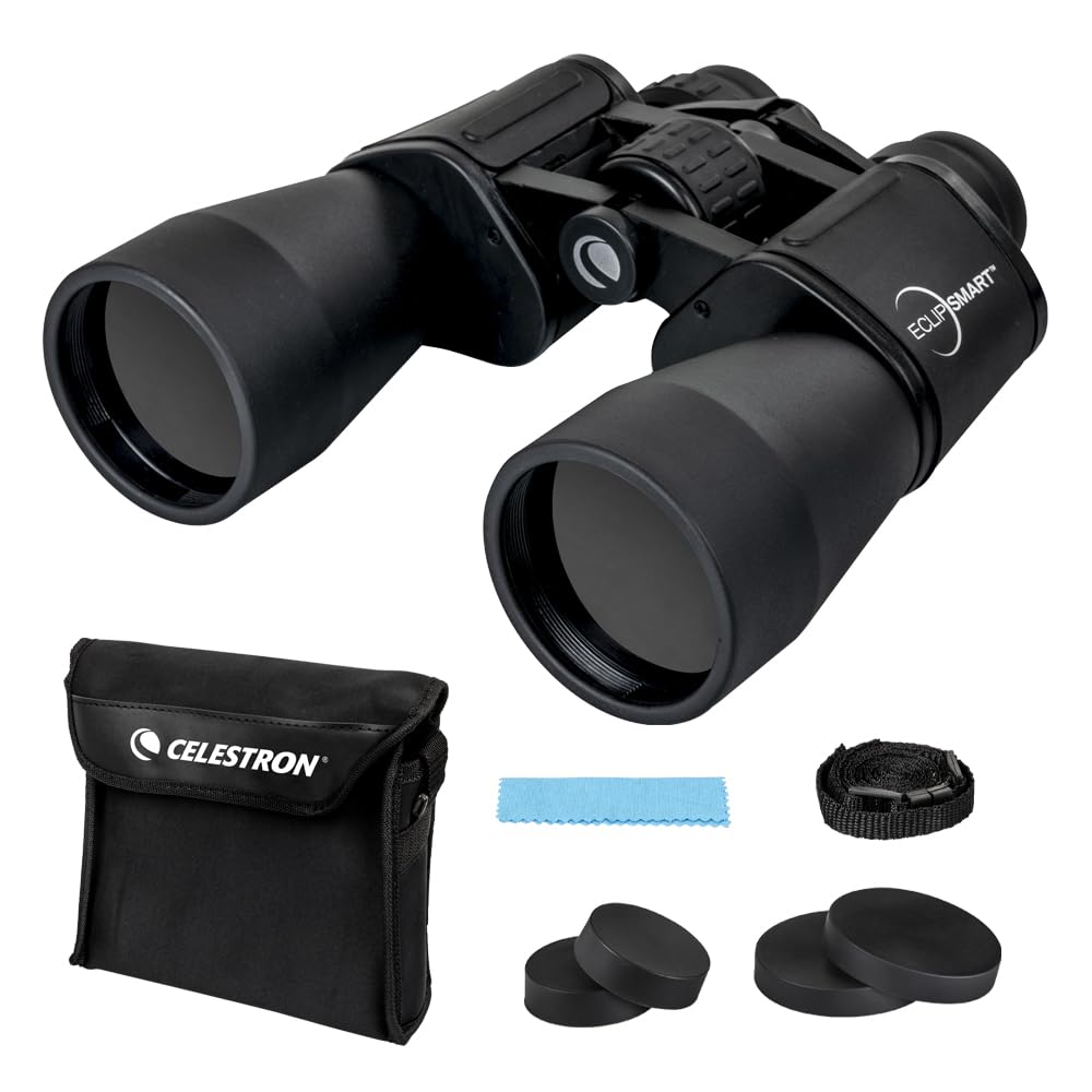 Celestron EclipSmart 12x50 solar binoculars with built-in filters for safe sun viewing and sharp detail.