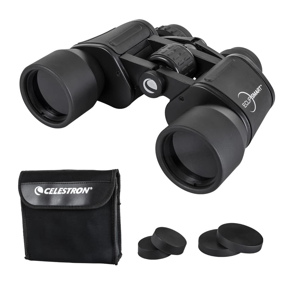 Celestron EclipSmart solar binoculars close-up with embedded filters for safe sun viewing.