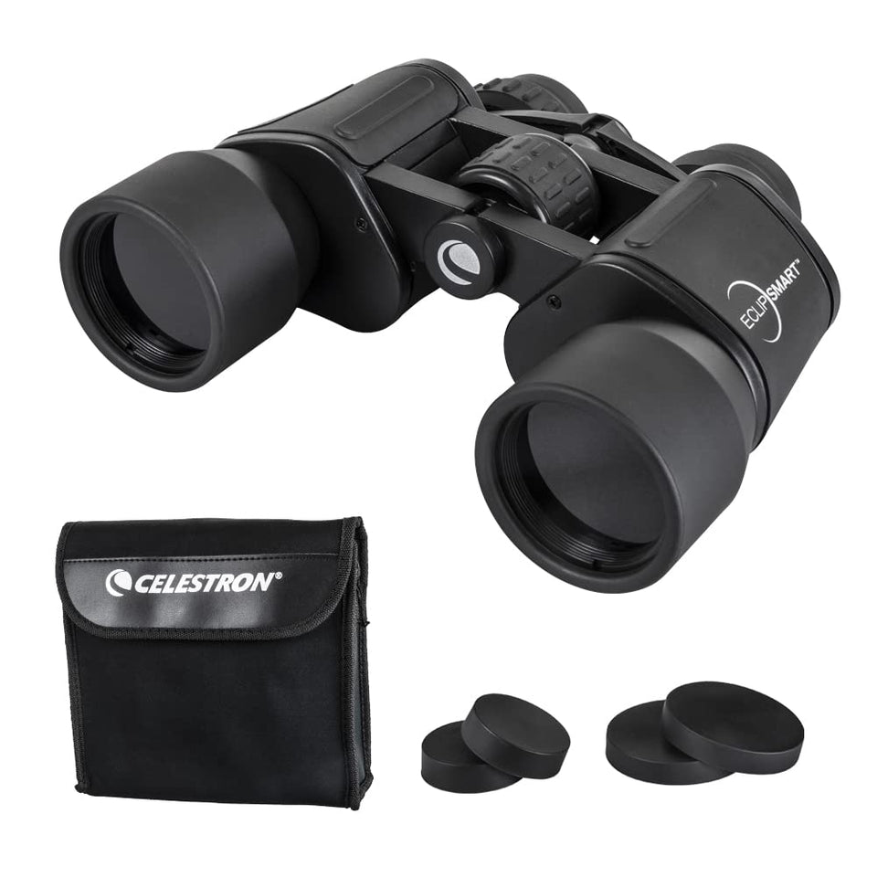 Celestron EclipSmart solar binoculars close-up with embedded filters for safe sun viewing.