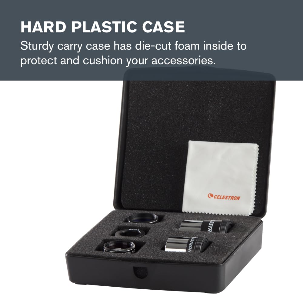 Celestron foam-lined case open protecting eyepieces and filters during travel