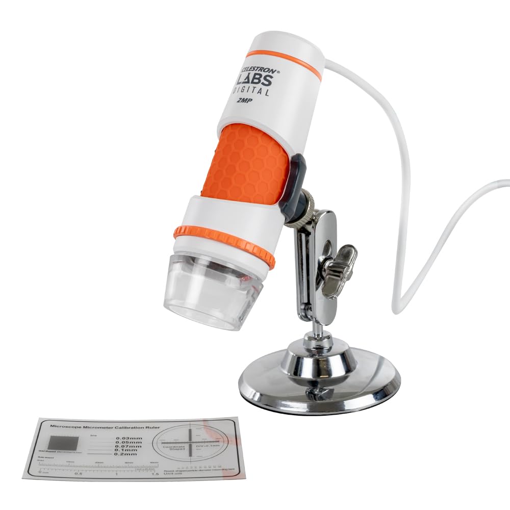 Celestron Labs Digital 2MP microscope on a stand for steady viewing