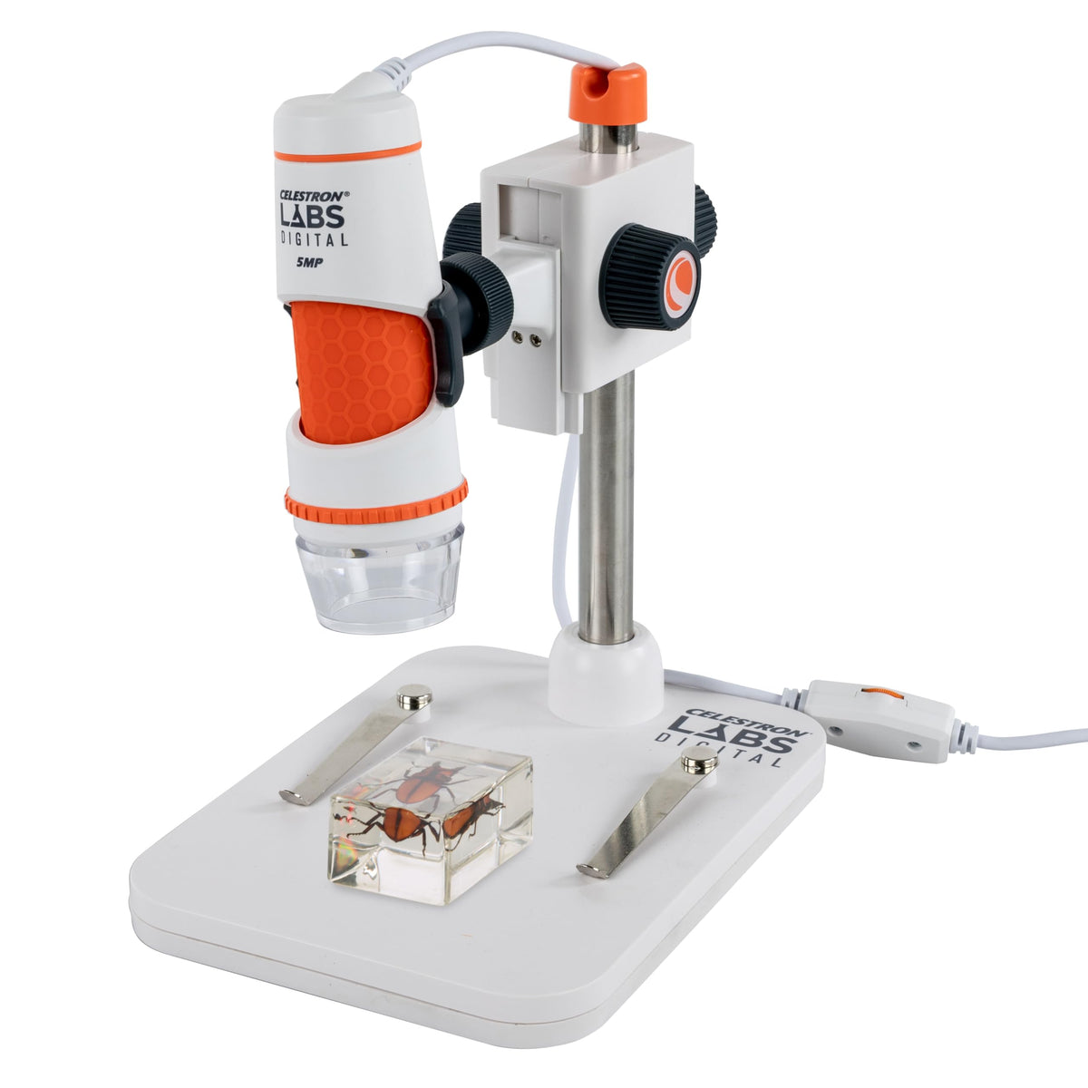 Celestron Labs Digital 5MP handheld microscope showing 20x–200x magnification for coin details