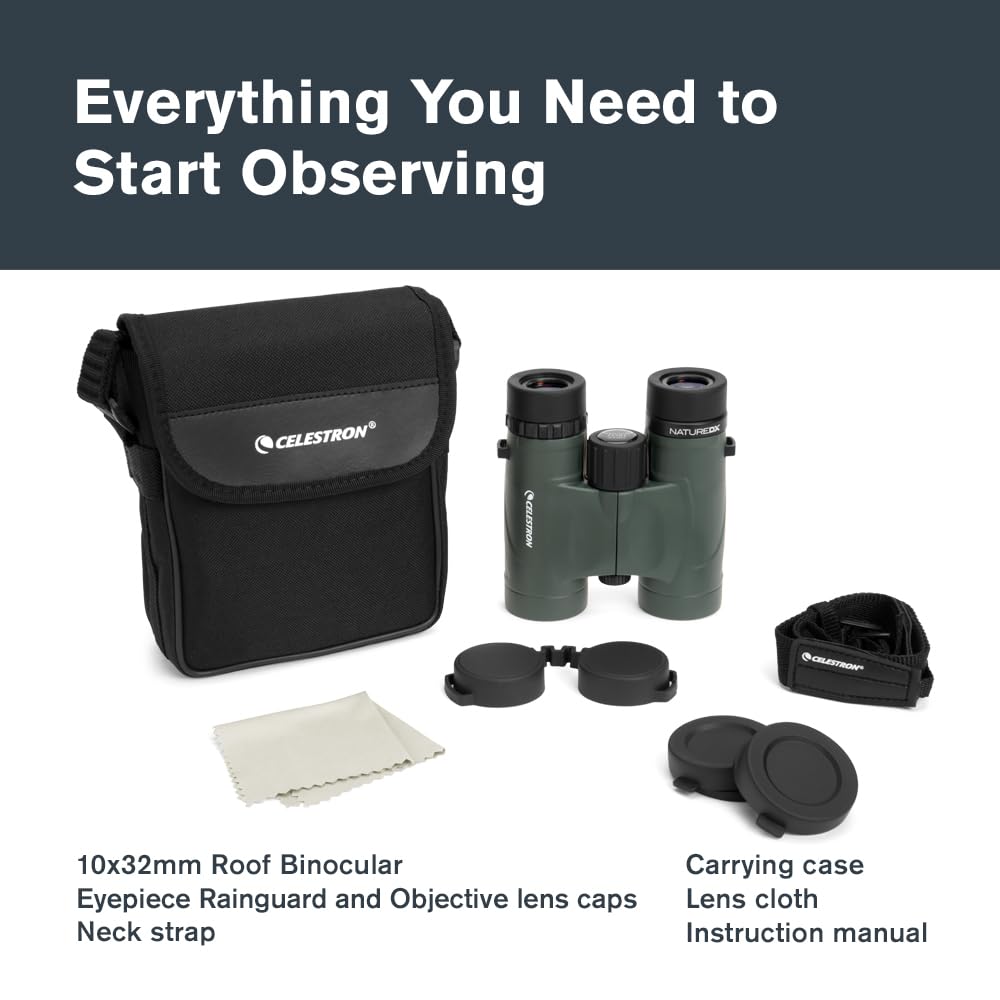Celestron Nature DX 10x32 phase-coated BaK-4 prisms enhance color and clarity.