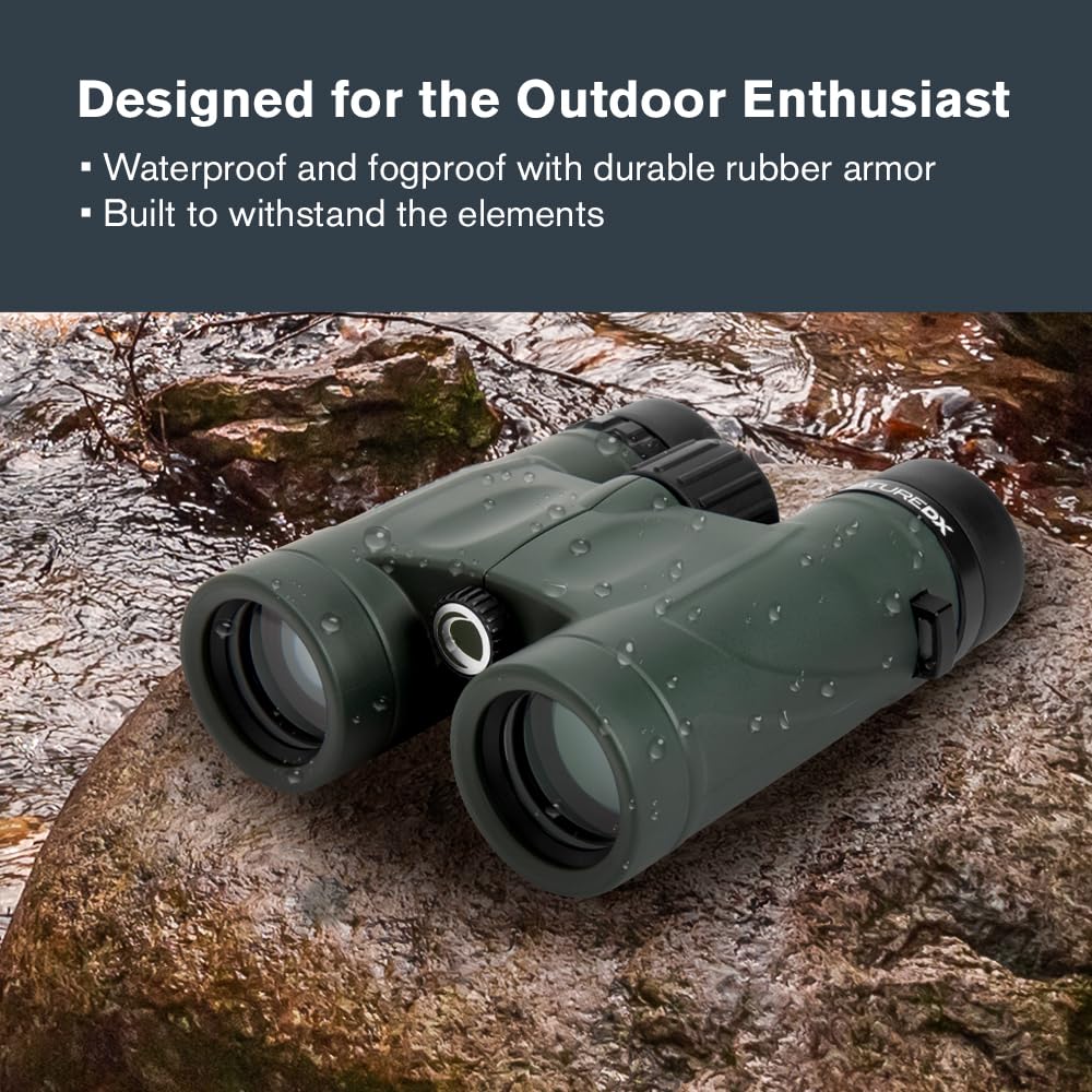 Celestron Nature DX 10x32 waterproof and fogproof for rain or humidity.