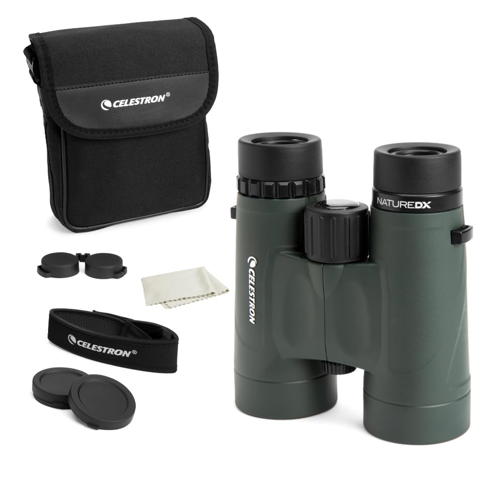 Celestron Nature DX 10x42 binoculars rubber-armored body protects during outdoor use.