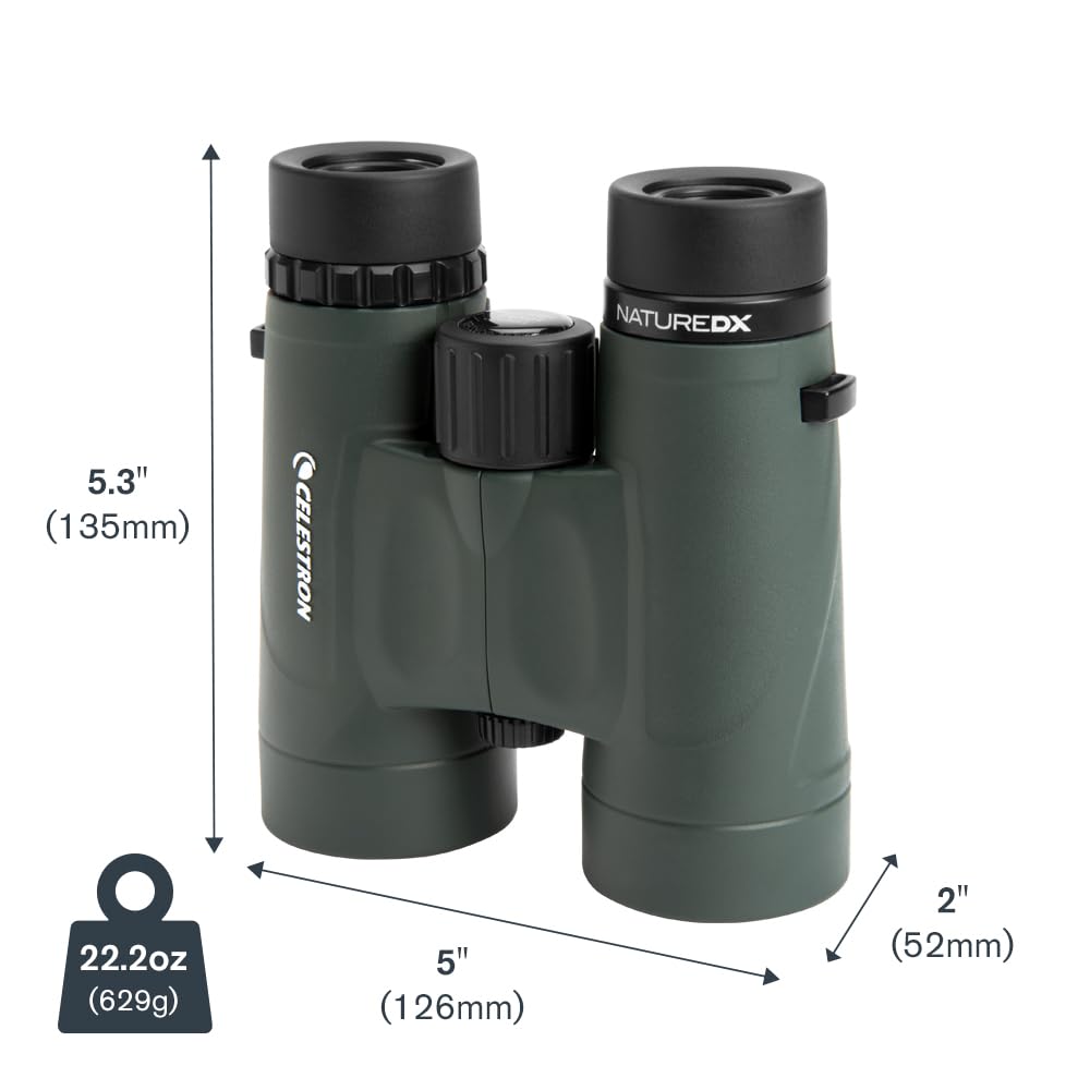 Celestron Nature DX 10x42 includes case, neck strap, rainguard.