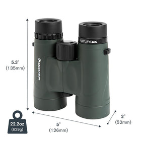 Celestron Nature DX 10x42 includes case, neck strap, rainguard.