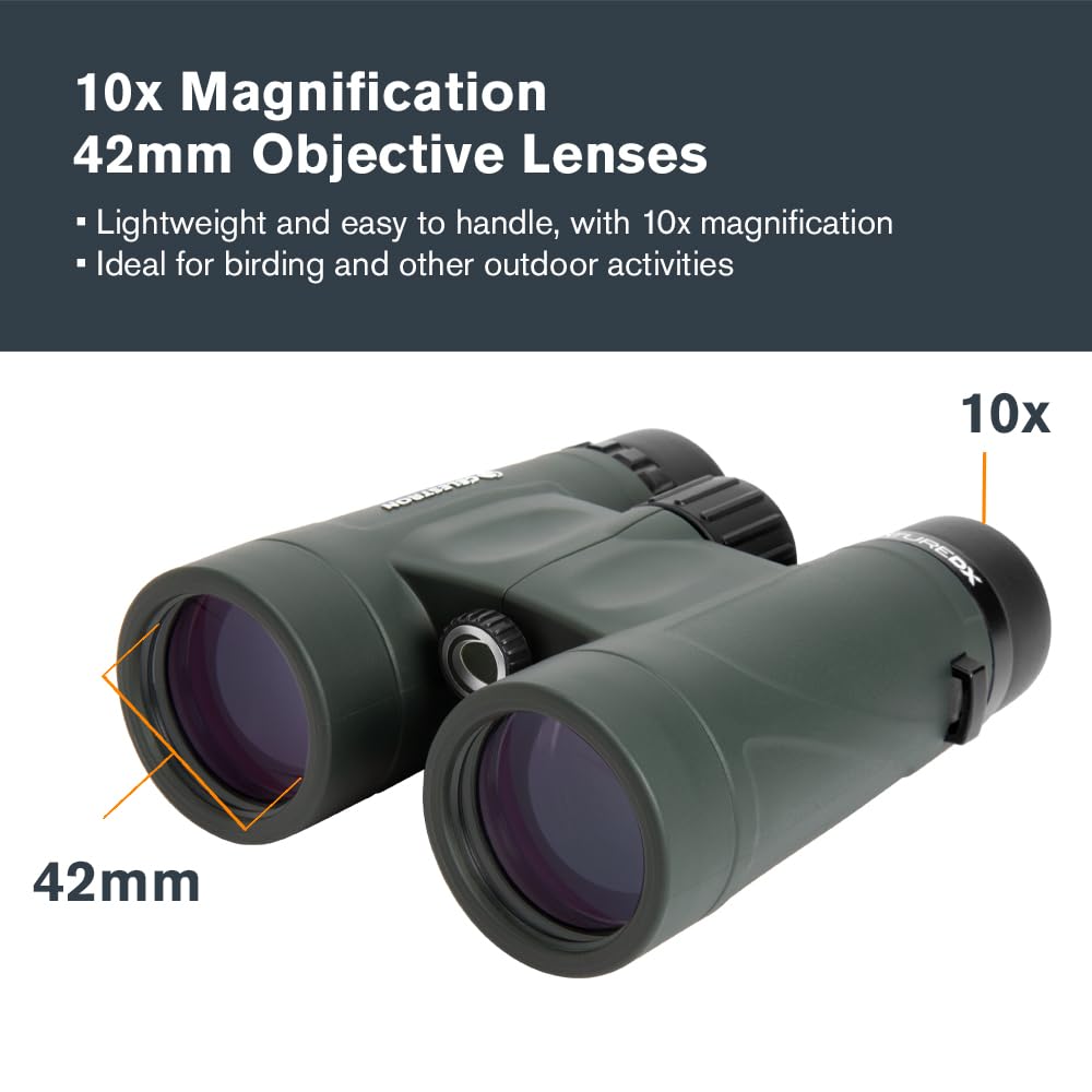 Celestron Nature DX 10x42 binoculars lenses deliver bright, detailed views in varied light.