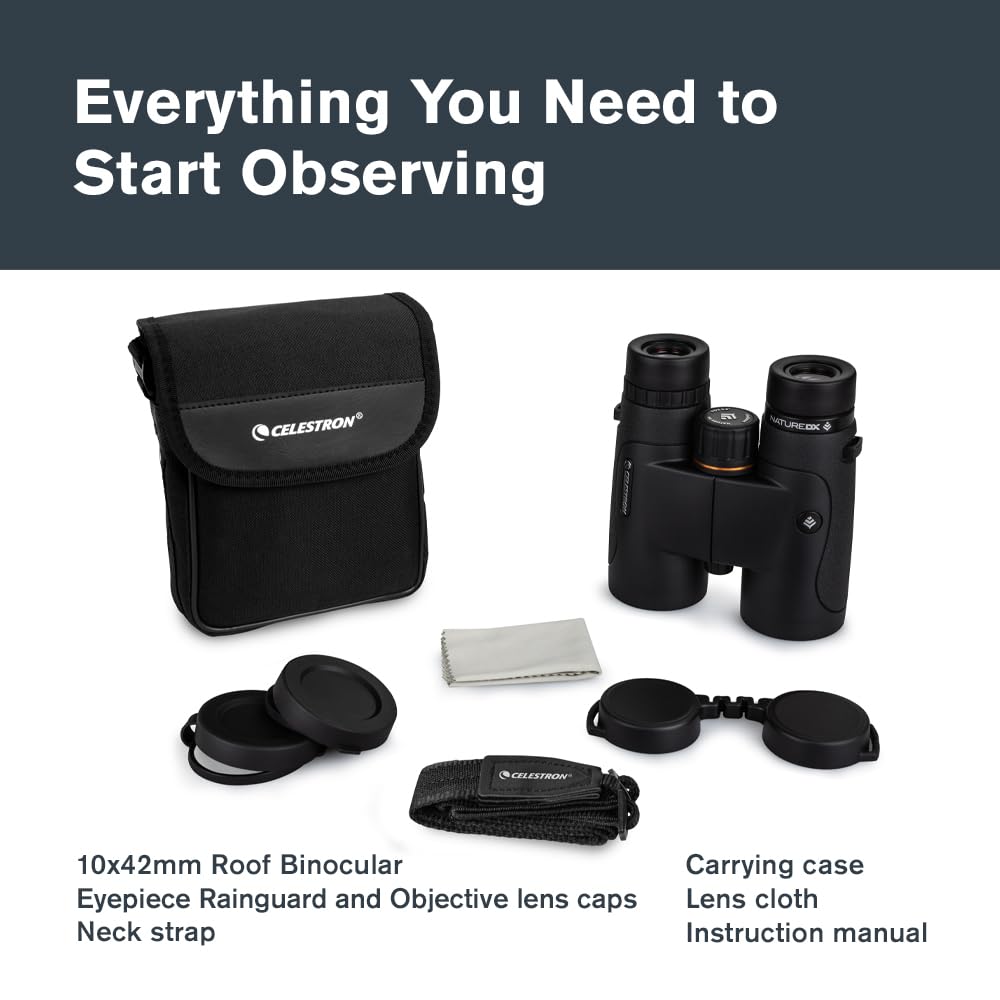 Celestron Nature DX 10x42 included carrying case and accessories for travel.