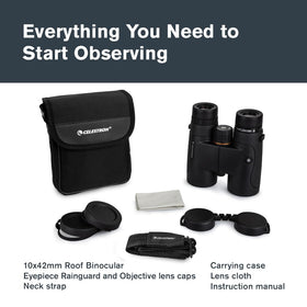 Celestron Nature DX 10x42 included carrying case and accessories for travel.