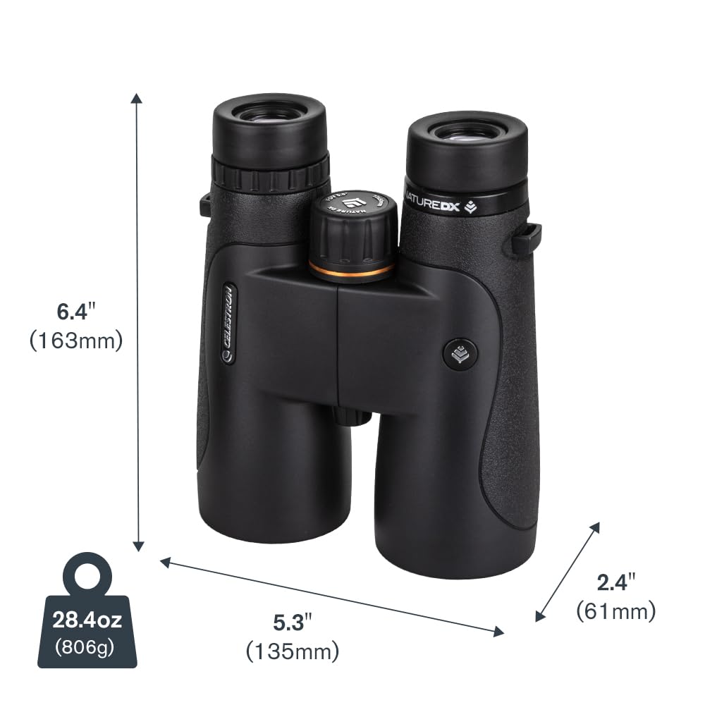 Celestron Nature DX 10x50 includes case and accessories for travel.
