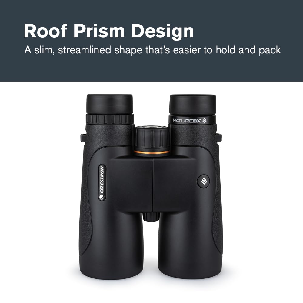 Celestron Nature DX 10x50 tripod-adapter ready for steady viewing.