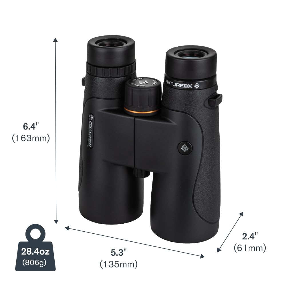 Celestron Nature DX 12x50 binoculars include case, strap, rainguard, caps, and cleaning cloth for travel.