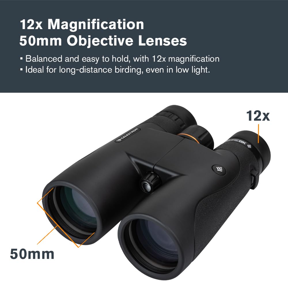 Celestron Nature DX 12x50 binoculars provide long-range clarity for distant birds and landscapes.