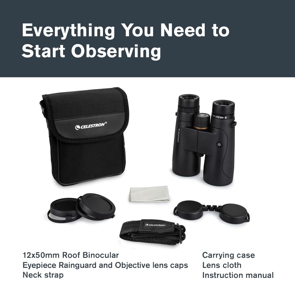 Celestron Nature DX 12x50 binoculars offer a wide field of view for tracking wildlife.