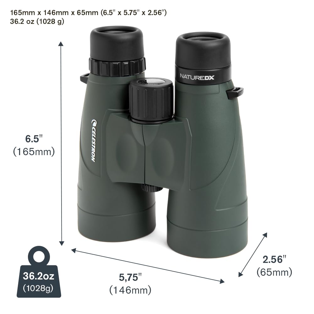 Celestron Nature DX 12x56 arrive with case, strap, rainguard, caps, and cleaning cloth.