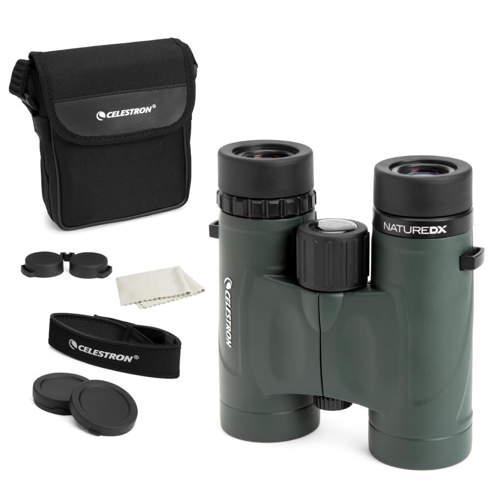 Celestron Nature DX 8x32 binoculars ideal for birding in open fields with crisp color and detail.