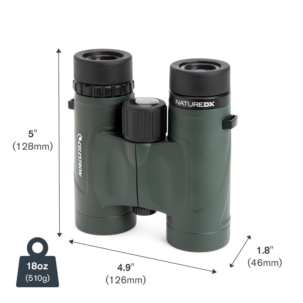 Celestron Nature DX 8x32 binoculars include case and straps for easy travel.