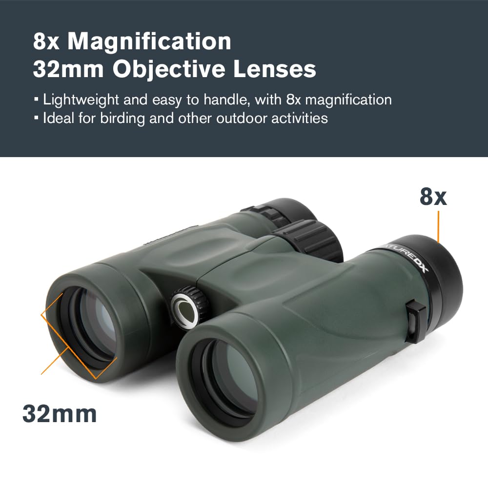 Celestron Nature DX 8x32 binoculars focus on close-up butterflies with bright, clear optics.