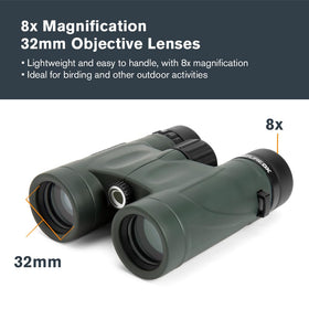 Celestron Nature DX 8x32 binoculars focus on close-up butterflies with bright, clear optics.