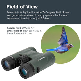 Celestron Nature DX 8x32 binoculars shown with rubber-armored body for field durability.