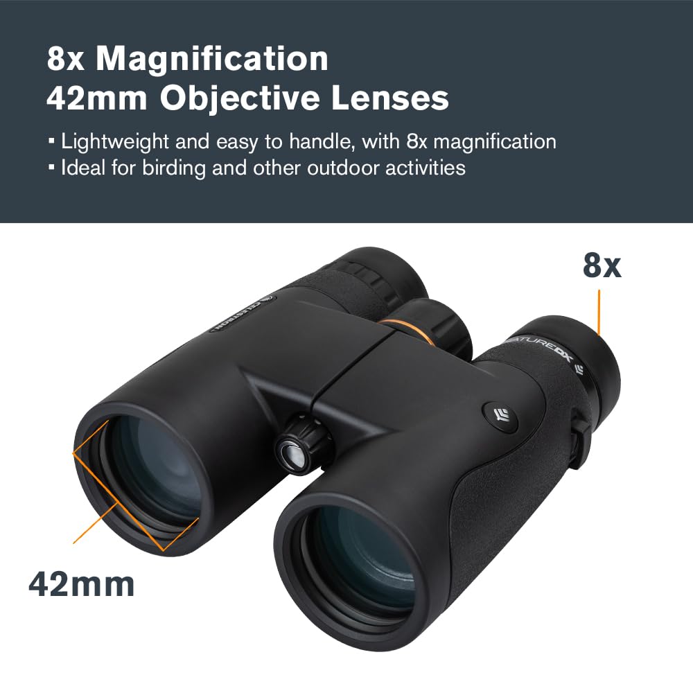 Celestron Nature DX 8x42 binoculars side view highlighting rugged outdoor grip