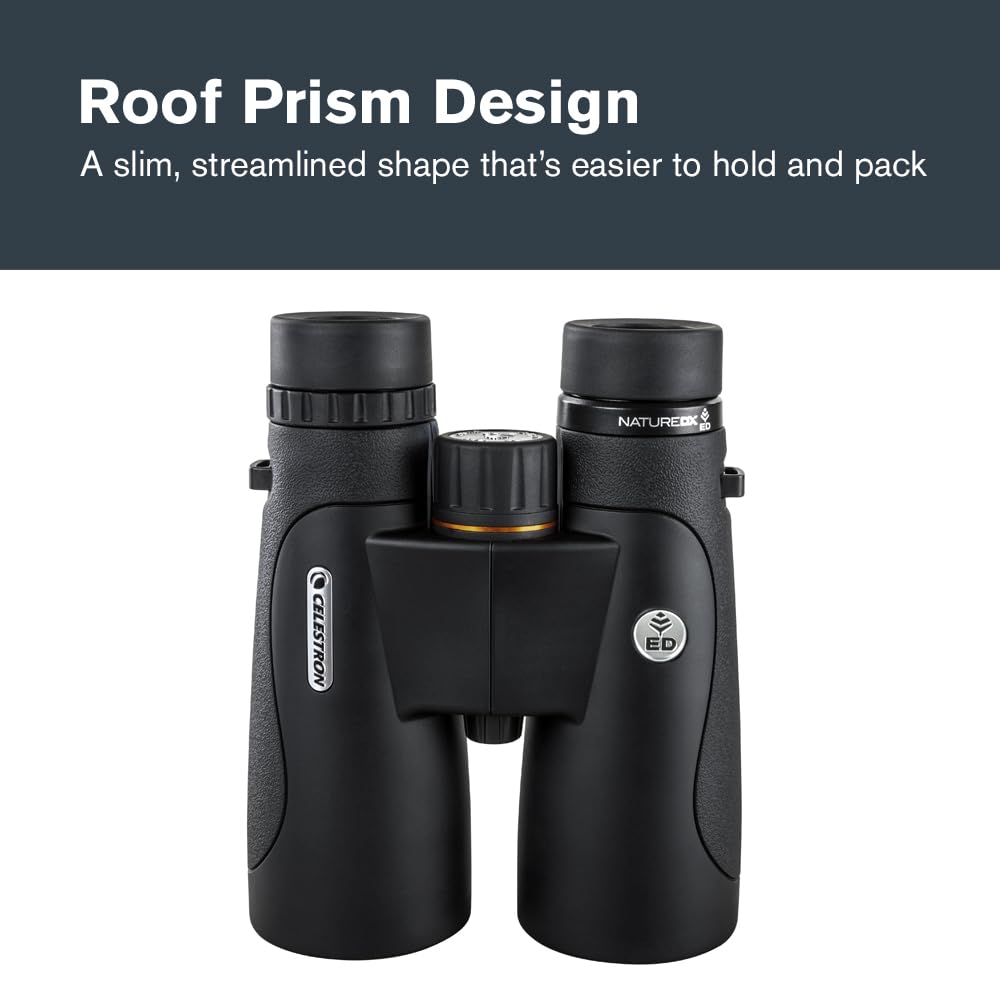 Celestron Nature DX ED 10x50 twist-up eyecups for glasses-friendly comfort.