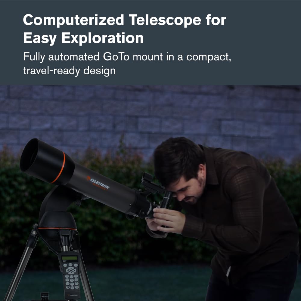 Celestron NexStar 102SLT side view highlights slim profile ideal for travel.