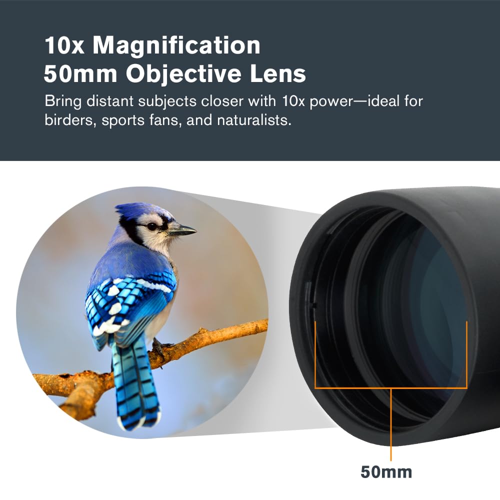 Celestron Outland X 10x50 binoculars close-up lens detail for crisp distant views
