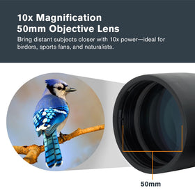 Celestron Outland X 10x50 binoculars close-up lens detail for crisp distant views