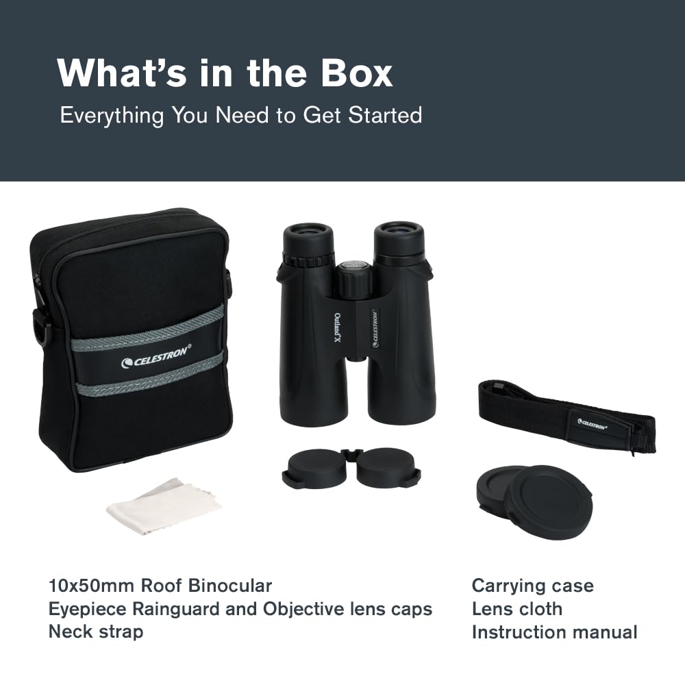 Celestron Outland X 10x50 binoculars included accessories for trail to stadium