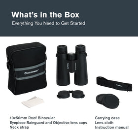 Celestron Outland X 10x50 binoculars included accessories for trail to stadium