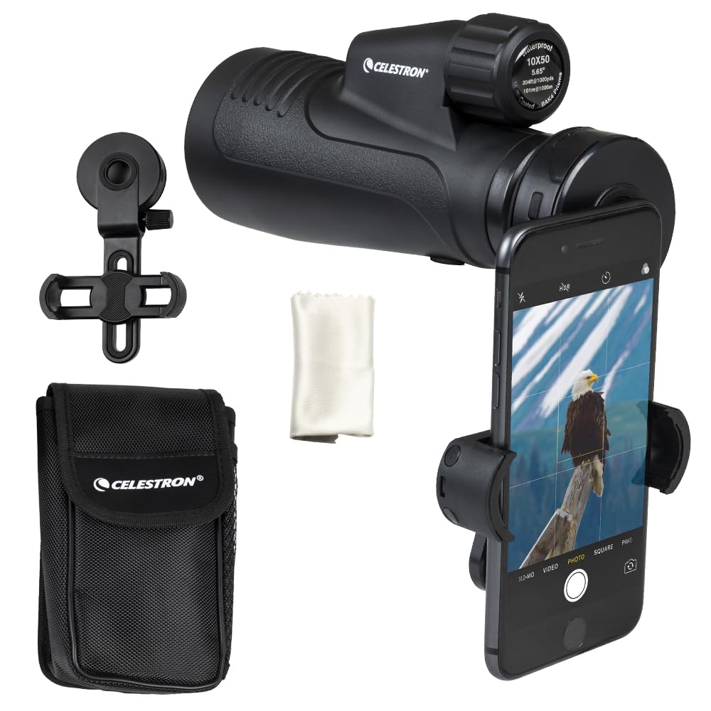 Celestron Outland X 10x50 monocular front view for rugged field use.