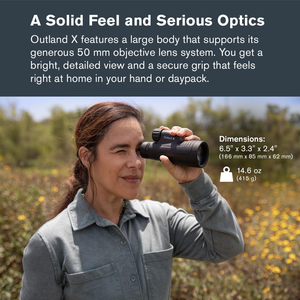 Celestron Outland X 10x50 monocular objective lens close-up highlighting light-gathering power.