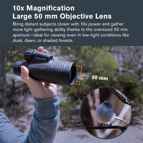 Celestron Outland X 10x50 monocular smartphone adapter attached for easy capture.